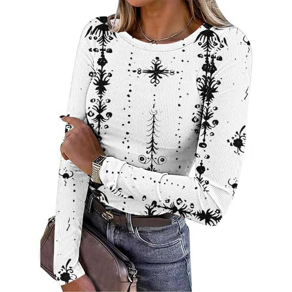 UPPADA Floral Blouses for Women Dressy Cute Long Sleeve Shirts Casual Crewneck Basic Shirts Comfy Fall Spring Clothes Outwear Trendy Tunic Blouses White,L