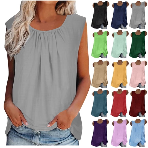 Going Out Tops for Women Plus Size Tank Top for Women Summer Dressy Causal Camisole Cotton Linen Solid Color Blouses Crewneck Vest Women
