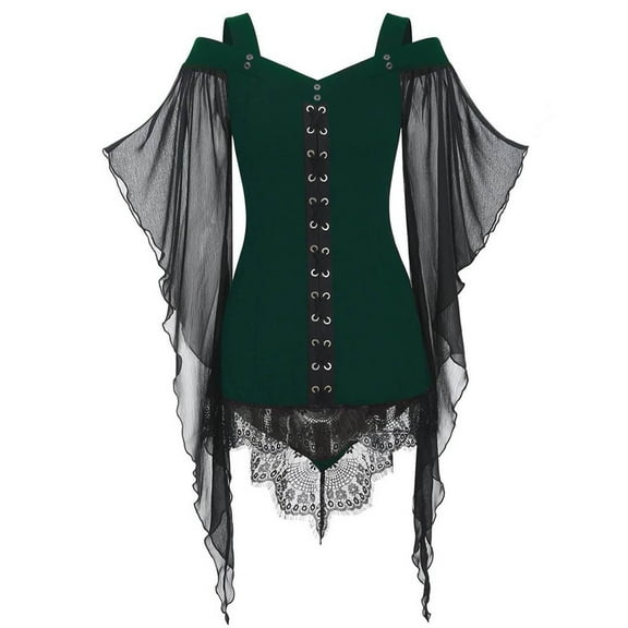 UPPADA Goth Clothes for Women Mesh Butterfly Trumpet Sleeve Shirts Vintage Cold Shoulder Blouse Halloween Costumes