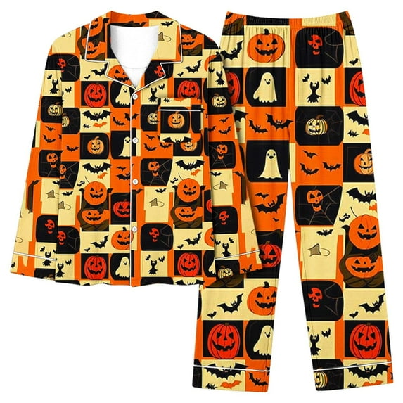 UPPADA Halloween Pajama Set Women 2 Piece Cute Pj Sets Long Sleeve Button Down Tops and Casual Pants Funny Ghost Print 2pc Pajamas Loose Fit Pjs Set Multicolor,M
