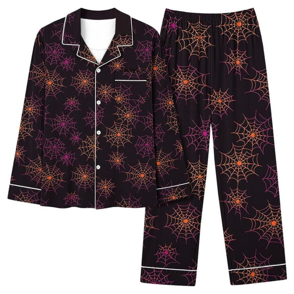 UPPADA Halloween Pajama Sets Women 2 Piece Lounge Set Cute Ghost Pumpkin Cobweb Print Homewear Long Sleeve Henley Top Capris Set Multicolor,L