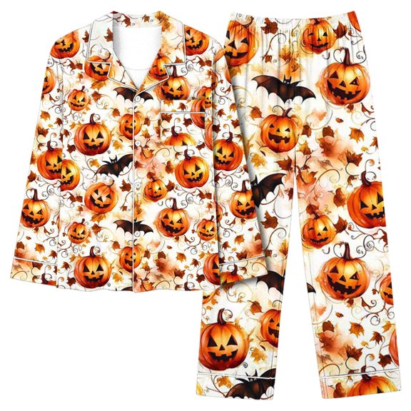 UPPADA Halloween Pajama Sets Women 2 Piece Lounge Set Cute Ghost Pumpkin Cobweb Print Homewear Long Sleeve Henley Top Capris Set Multicolor,S