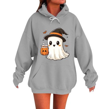 UPPADA Halloween Sweatshirts for Women Funny Long Sleeve Graphic Crewneck Pullover Tops Cute Ghost Pullover Tops Fall Savings Gray,XL