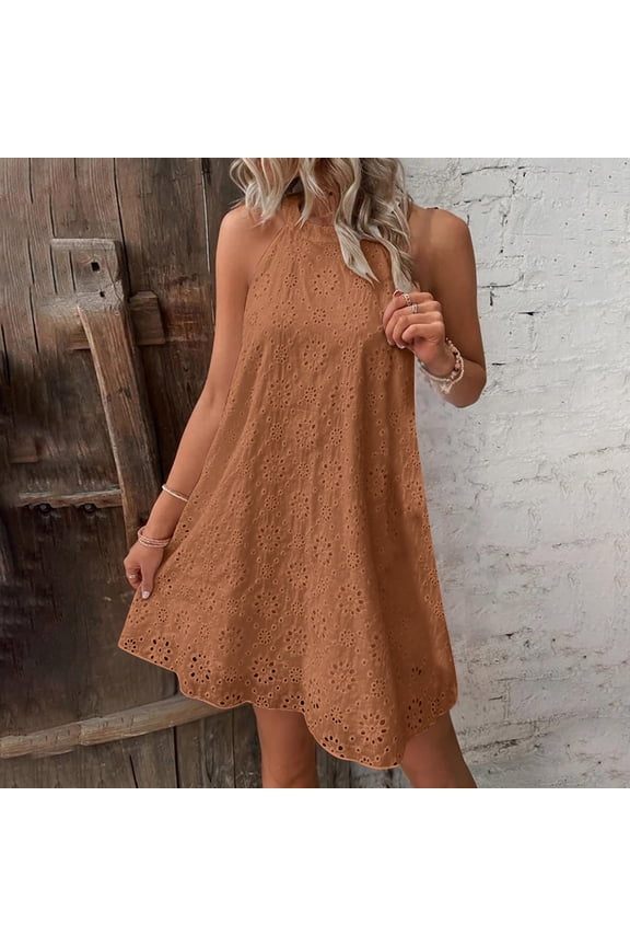 Halter Summer Dresses for Women Casual Sleeveless Boho Sundresses Hollow Out Eyelet Dresses Loose Fit Strapless Beach Vacation Dresses Orange,XXL