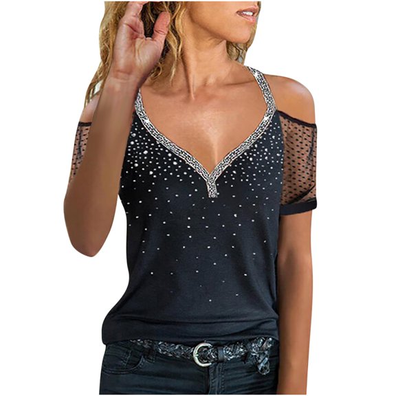 UPPADA Halter Tops for Women Cleavage T Shirts Mesh Short Sleeve Blouse Strapless V Neck Pullover Casual Summer Tunic