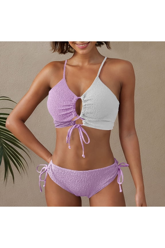 High Waisted Womens Bikini Sets Two Piece Swimsuits Color Block Flattering Bathing Suits Bikini Sets 2 Piece Swimsuit Scoop Neck Spaghetti Straps Swimwear Purple,L