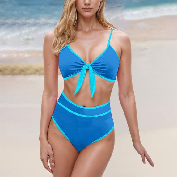UPPADA High Waisted Womens Bikini Sets Two Piece Swimsuits Color Block Flattering Bathing Suits Bikini Sets 2 Piece Swimsuit Scoop Neck Spaghetti Straps Swimwear Blue,XL