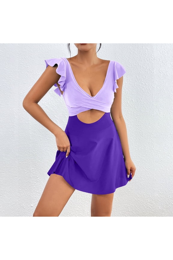 High Waisted Womens Bikini Sets Two Piece Swimsuits Color Block Flattering Bathing Suits Bikini Sets 2 Piece Swimsuit Scoop Neck Spaghetti Straps Swimwear Purple,L