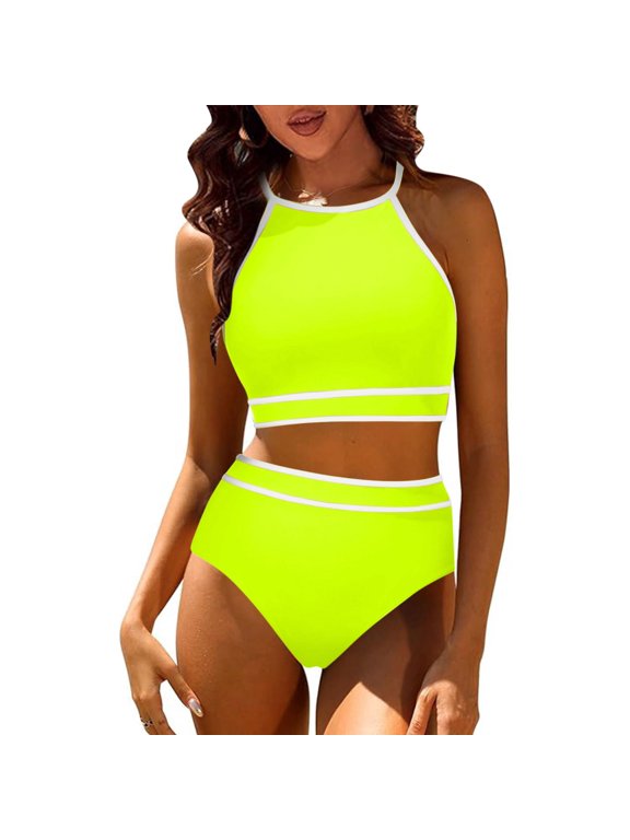 High Waisted Womens Bikini Sets Two Piece Swimsuits Color Block Flattering Bathing Suits Bikini Sets 2 Piece Swimsuit Scoop Neck Spaghetti Straps Swimwear Yellow,XL