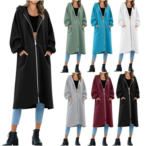 UPPADA Hooded Coats for Women Casual Zip up Long Sleeve Jackets Solid Color Thicken Long Hoodies Oversized Fashion Fall Winter Fleece Hooded Sweatshirts with Pockets White,M