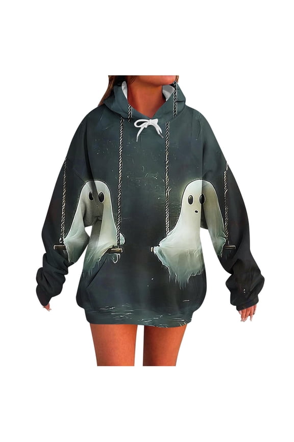 Hoodies T Shirts for Women Halloween Ghost Print Casual Western Graphic Pullover Tops Gothic Hoodies Tees Cowgirls Country Outfits with Pockets Green,S