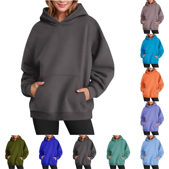 UPPADA Hoodies for Women Oversized Solid Color Hooded Sweatshirt Dressy Loose Fit Cute Basic Long Sleeve Pullover Shirts with Kangaroo Pocket Purple,L