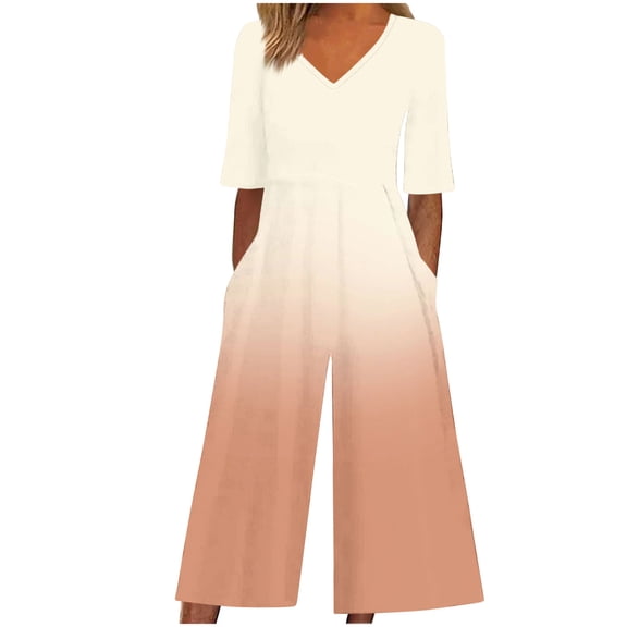 UPPADA Jumpsuits for Women Dressy Solid Short Sleeve V Neck Overall Back Zipper Wide Leg Jumpsuit Bibbed Pants with Pocket Casual Loose Comfy One Piece Outfit Beige,S
