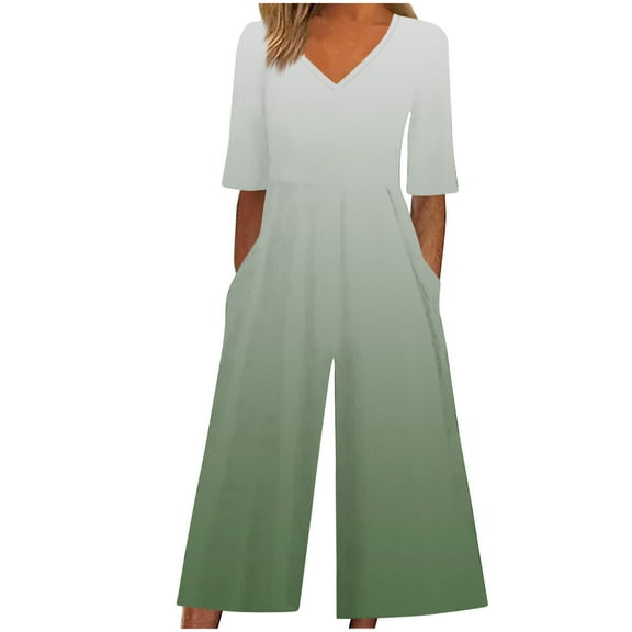 UPPADA Jumpsuits for Women Dressy Solid Short Sleeve V Neck Overall Back Zipper Wide Leg Jumpsuit Bibbed Pants with Pocket Casual Loose Comfy One Piece Outfit Green,M
