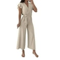 thumbnail image 1 of UPPADA Jumpsuits for Women Elegant Loose Short Sleeve Belted Wide Leg Pant Romper Crewneck Wedding Overalls formal Outfits Business Casual Outfits Khaki,M, 1 of 6