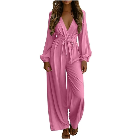 UPPADA Jumpsuits for Women Dressy Fall Deep V Neck Long Sleeve Wide Leg Pants Romper One Piece Travel Outfits Outwear Pink,L