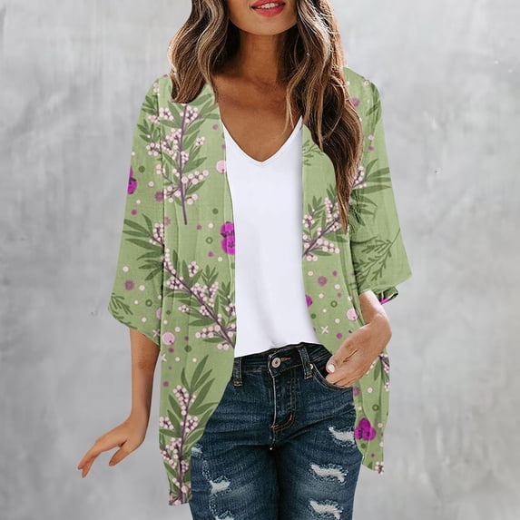 UPPADA Kimono Cardigan for Women Dressy Summer Floral Print 3/4 Sleeve Open Front Chiffon Beach Coverups Hawaiian Lightweight Loose Tops Army Green,S