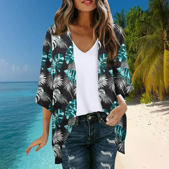 UPPADA Kimono Cardigan for Women Dressy Summer Floral Print 3/4 Sleeve Open Front Chiffon Beach Coverups Hawaiian Lightweight Loose Tops Navy,XL