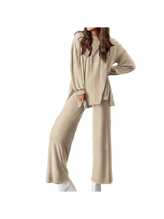 Ladies 2 Piece Sets,Women 2 Piece Outfits Sweatsuit Trendy Oversized Sweatshirt Wide Leg Sweatpants Matching Lounge Set Travel Tracksuit Beige,L