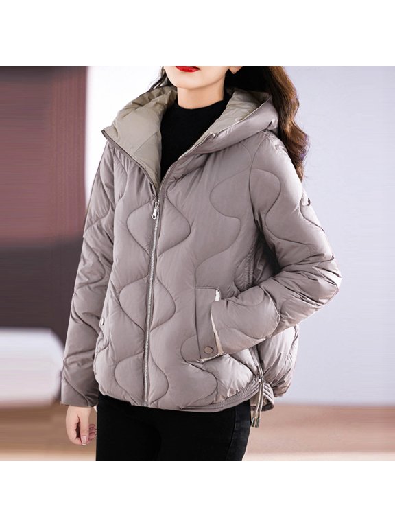 Lightweight Hooded Puffer Jacket Women Zip up Winter Quilted Jackets Windbreaker Bubble Outerwear with Pockets Gray,XL