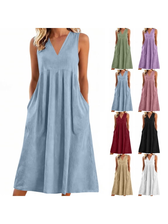 Linen Beach Dresses for Women V Neck Maxi Dress Loose Fit Casual Tank Dress Beach Bohemian Dresses with Pockets Pink Dress,M