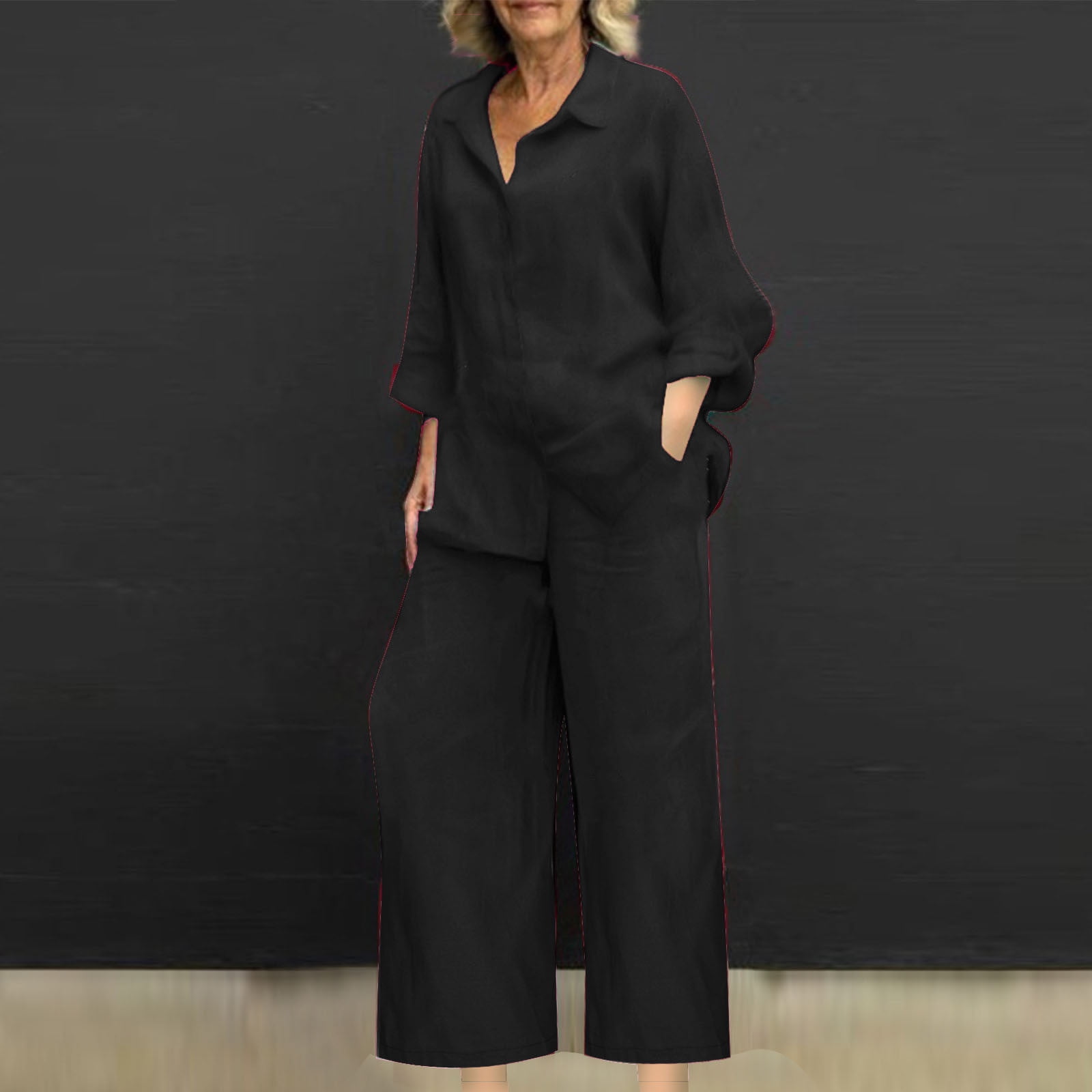 Plus Size Linen Shirt With Pants Coord Set
