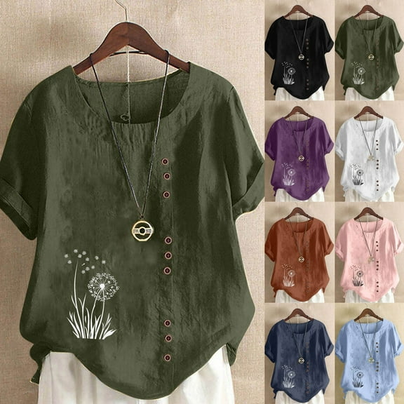 UPPADA Linen Shirts for Women Casual Loose Fit Summer Tops Floral Print Crew Neck Buttons Shirts Short Sleeve Trendy Blouses Plus Size Tunic Blouse Loose Fit Baggy Daisy Blouses Army Green,L