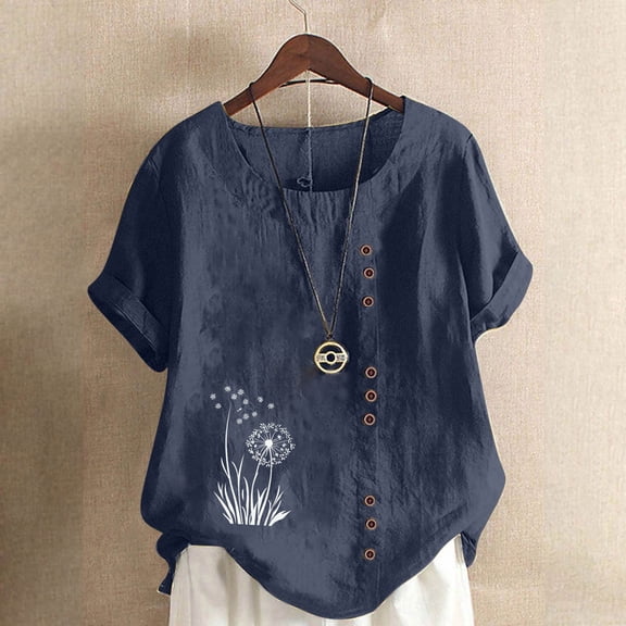 UPPADA Linen Shirts for Women Casual Loose Fit Summer Tops Floral Print Crew Neck Buttons Shirts Short Sleeve Trendy Blouses Plus Size Tunic Blouse Loose Fit Baggy Daisy Blouses Navy,XXL
