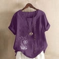 thumbnail image 1 of UPPADA Linen Shirts for Women Casual Loose Fit Summer Tops Floral Print Crew Neck Buttons Shirts Short Sleeve Trendy Blouses Plus Size Tunic Blouse Loose Fit Baggy Daisy Blouses Purple,XXXXXL, 1 of 4