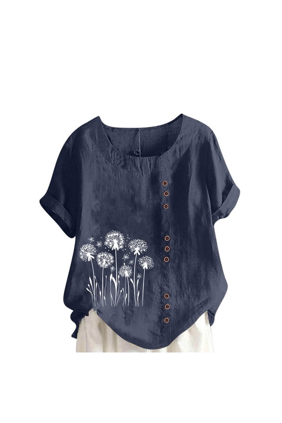 Linen Shirts for Women Floral Print Crewneck Shirts Casual Summer Vintage Tops Trendy Short Sleeve Tunic Blosues Vacation Loose Fit Tops Dressy Wear Navy,M