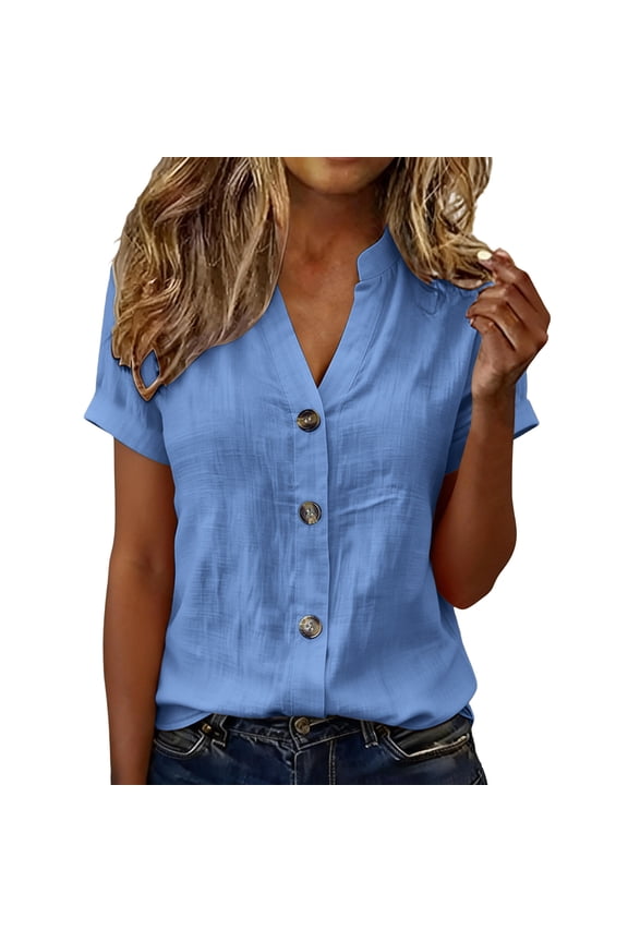 Linen Tops for Women Button Down V Neck Tunic Blouses Summer Trendy Short Sleeve Cotton Linen Shirt Casual Basic Ladies Work Tops Blue,XL