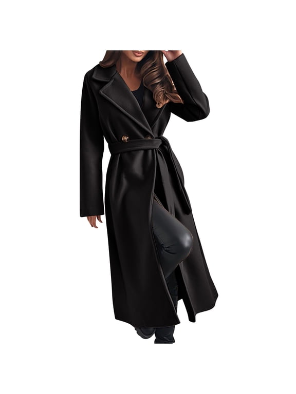 Long Coat for Women Winter Overcoat Solid Belted Overcoat Solid Turndown Collar Button Down Peacoat Long Sleeve Elegant Slim Long Peacoat Outerwear Black,XL