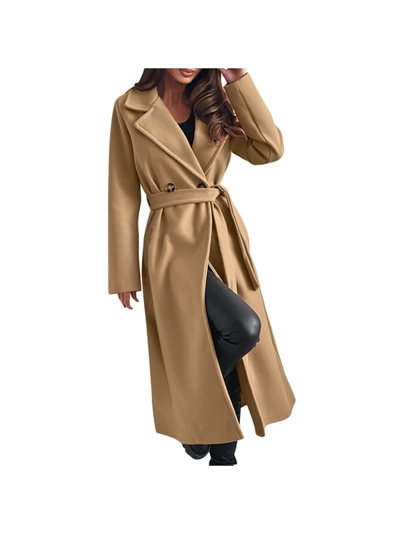 Long Coat for Women Winter Overcoat Solid Belted Overcoat Solid Turndown Collar Button Down Peacoat Long Sleeve Elegant Slim Long Peacoat Outerwear Khaki,XL