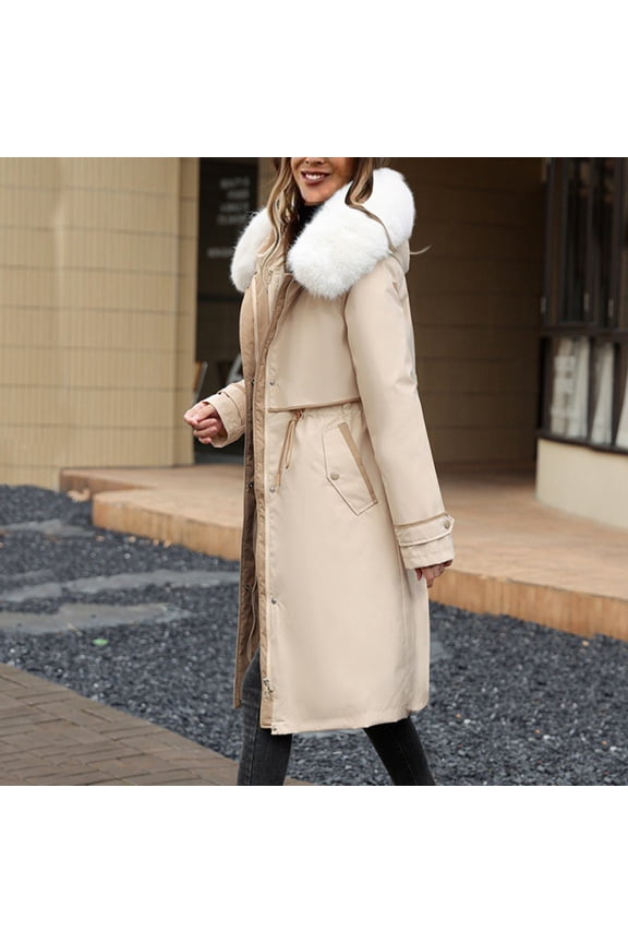 Long Coat for Women Winter Solid Casual Thicker Coats Zipper Down Jackets Overcoat with Faux Fur Hood Warm Winter Clothes Beige,M Winter Coat for Women