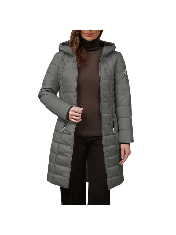 Long Down Puffer Coat for Women Zip up Hooded Warm Fleece Winter Jackets Trendy Windbreaker Puffy Overcoats with Pockets Gray,M