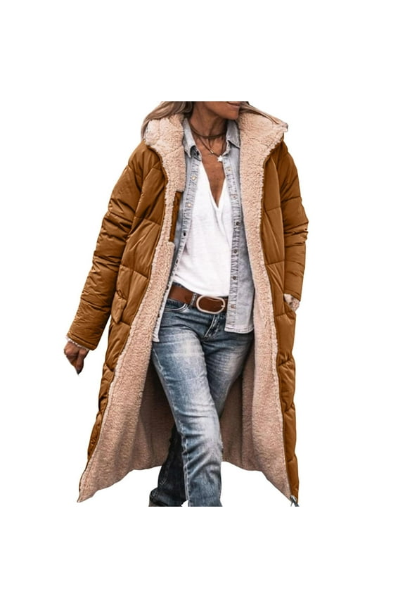 Long Fleece Jacket Women Warm Winter Reversible Puffer Coat Sherpa Padded Down Jackets Oversized Long Sleeve Hooded Coats Brown,XXXL Fuzzy Flannel Jacket Women with Hood