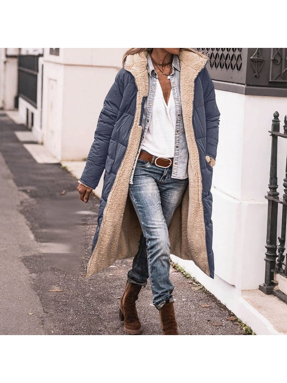 Long Fleece Jacket Women Warm Winter Reversible Puffer Coat Sherpa Padded Down Jackets Oversized Long Sleeve Hooded Coats Dark Gray,XL Womens Fuzzy Fleece Hooded Jacket