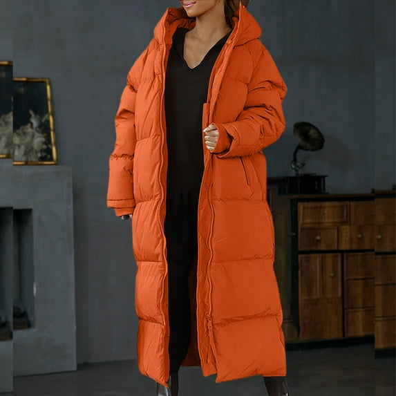 UPPADA Long Down Jacket for Women Warm Faux Fur Hooded Long Puffer Coats Waist Adjustable Jacket Zipper Winter Coat Trendy Parka Jacket Orange,xl Winter Puffer Coat for Women