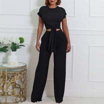UPPADA Long Pants Sets Women 2 Piece Outfits,Women's Fall 2 Piece Outfits Lounge Sets Short Sleeve Belted Crop Tops with Wide Leg Pant Sets Casual Tracksuit Set Comfy Cute Sets Black,L
