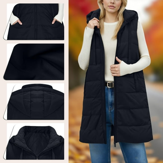 UPPADA Long Puffer Vest for Women Fall Lightweight Down Vest Sleeveless Puffer Jacket Full Zip Winter Quilted Vest Long Puffer Vest for Women Sleeveless Dressy Black,XXL