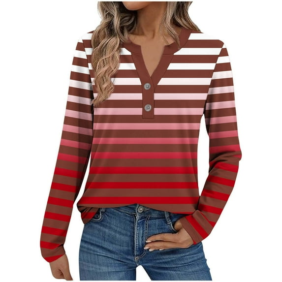 UPPADA Long Sleeve Blouses for Women V Neck Casual Henley Button Shirts Dressy Fall Tops Trendy Striped Blouses Fall Clothes Fall Red,XXXL