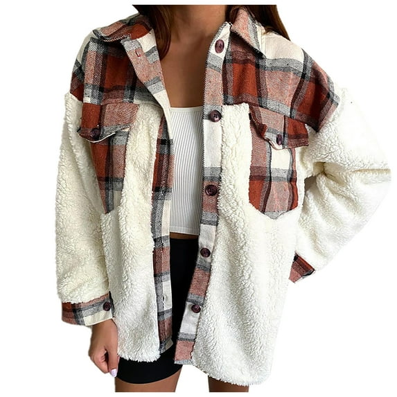 UPPADA Long Sleeve Plaid Shirts for Womens Chest Pocket Casual Button Down Collared Shirt Jacket Spring Blouse Loose Fit Streetwear with Pockets Brown,XL