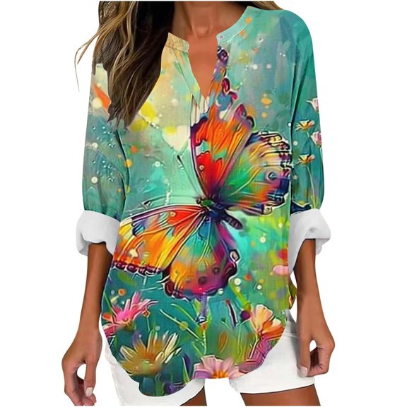 UPPADA Long Sleeve Tunic Tops for Women Loose Dressy Floral Print Shirts Casual V Neck Blouses Lightweight Fall Going Out Tops Fall Multicolor,M