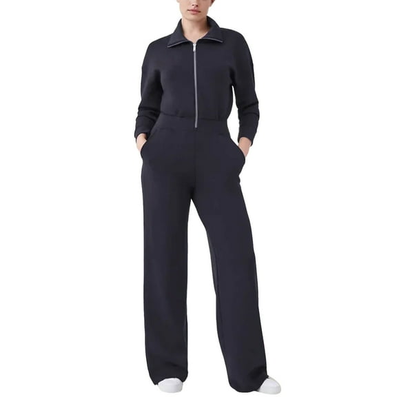 UPPADA Long Sleeve Wide Leg Jumpsuits for Women Casual Zip Up One Piece Romper Pockets Casual Wear Outfit Navy,L