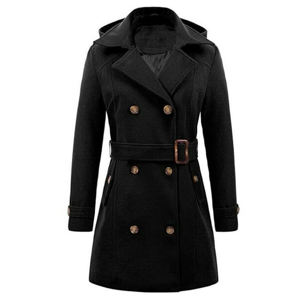 UPPADA Long Wool Coats for Women Double Breasted Vintage Fall Winter Pea Coat Wool Jackets Mid Length Windbreaker Jacket Black,S