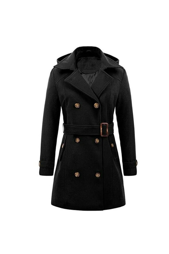Long Wool Coats for Women Double Breasted Vintage Fall Winter Pea Coat Wool Jackets Mid Length Windbreaker Jacket Black,S
