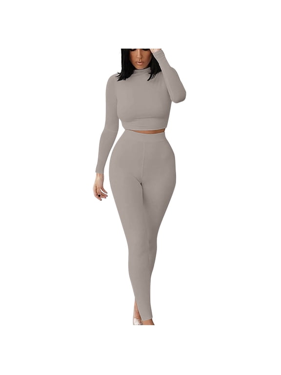Lounge Sets for Women 2 Piece Slim Long Sleeve Blouses and Yoga Leggings Pants Crop Tops Casual Y2k Outfits Matching Tracksuit Set Gray,XL