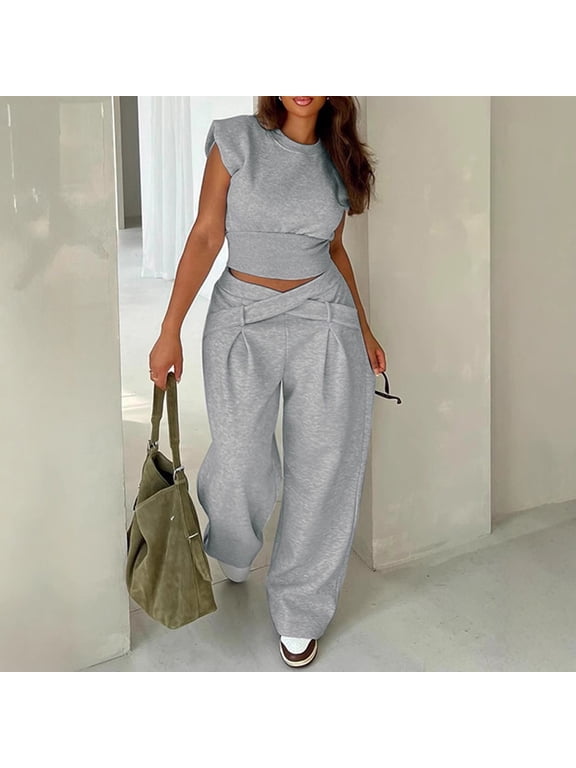 Matching Fall Set,Sleeveless Sets for Women 2 Piece Plus Size Sets for Curvy Women Trendy Fall Clothes Dressy Outfits Lounge Matching Set Two Piece Sets Gray,S