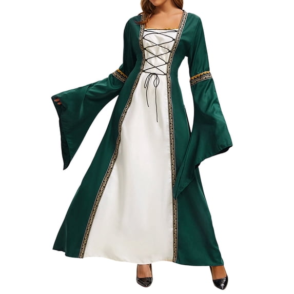 UPPADA Medieval Corset Dress Women Lace Up Ren Fair Dress Retro Peasant Victorian Ball Gown Halloween Costume Green,M