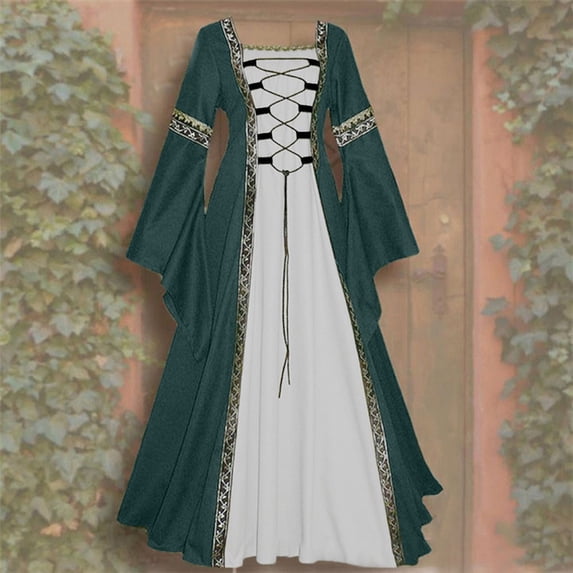 UPPADA Medieval Corset Dress Women Lace Up Ren Fair Dress Retro Peasant Victorian Ball Gown Halloween Costume Green,XL